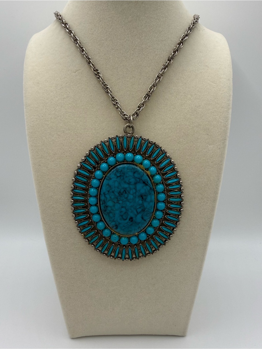 Vtg 70s Large Faux Turquoise Medallion Pendant Necklace Boho Southwestern